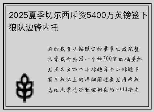 2025夏季切尔西斥资5400万英镑签下狼队边锋内托