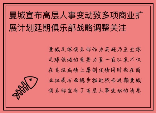 曼城宣布高层人事变动致多项商业扩展计划延期俱乐部战略调整关注